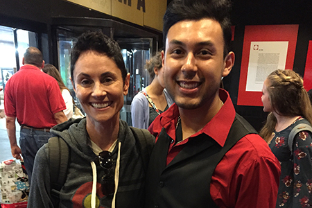 Theatre Wesleyan graduate Jacob Rivera-Sanchez ’15 (left) takes a photo with Beth Malone, Tony Award-nominated Best Actress in a Musical for her role in ‘Fun Home.’ Photo courtesy of Jacob Rivera-Sanchez. 